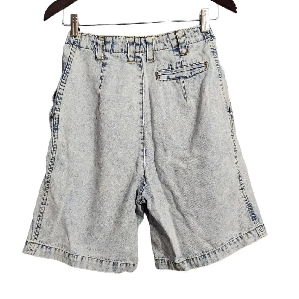 Vintage high waist acid washed denim mom jean shorts long pleated jorts 7/8